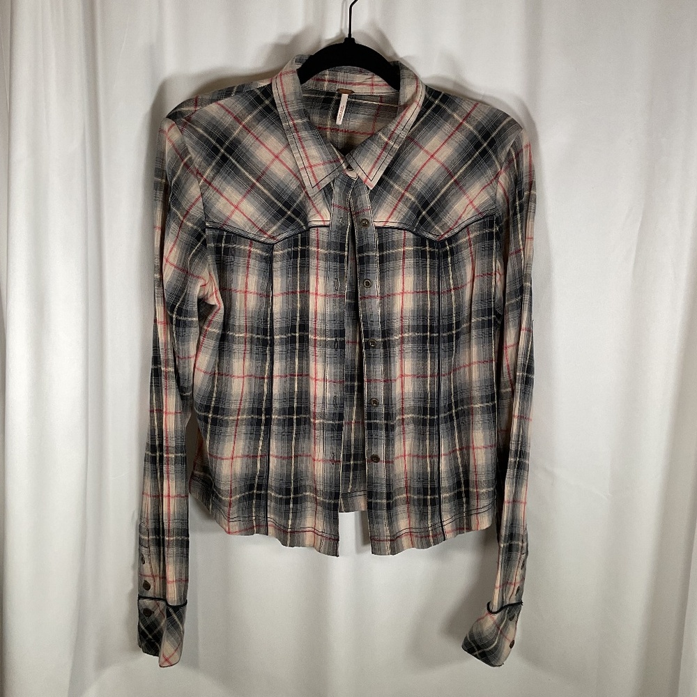 Free People Womens Western Boho Chic Button Up Small Indie Cowgirl Mixed Linen